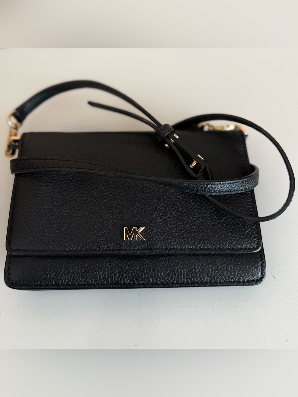 Michael Kors Black Pebbled Leather Crossbody with Gold MK Accent